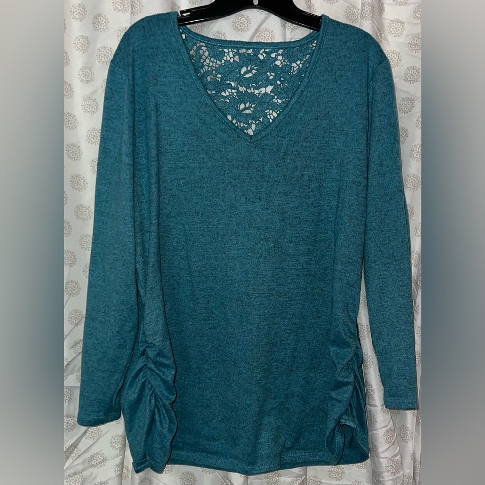 Massini Teal Long Sleeve Blouse with Lace Accent